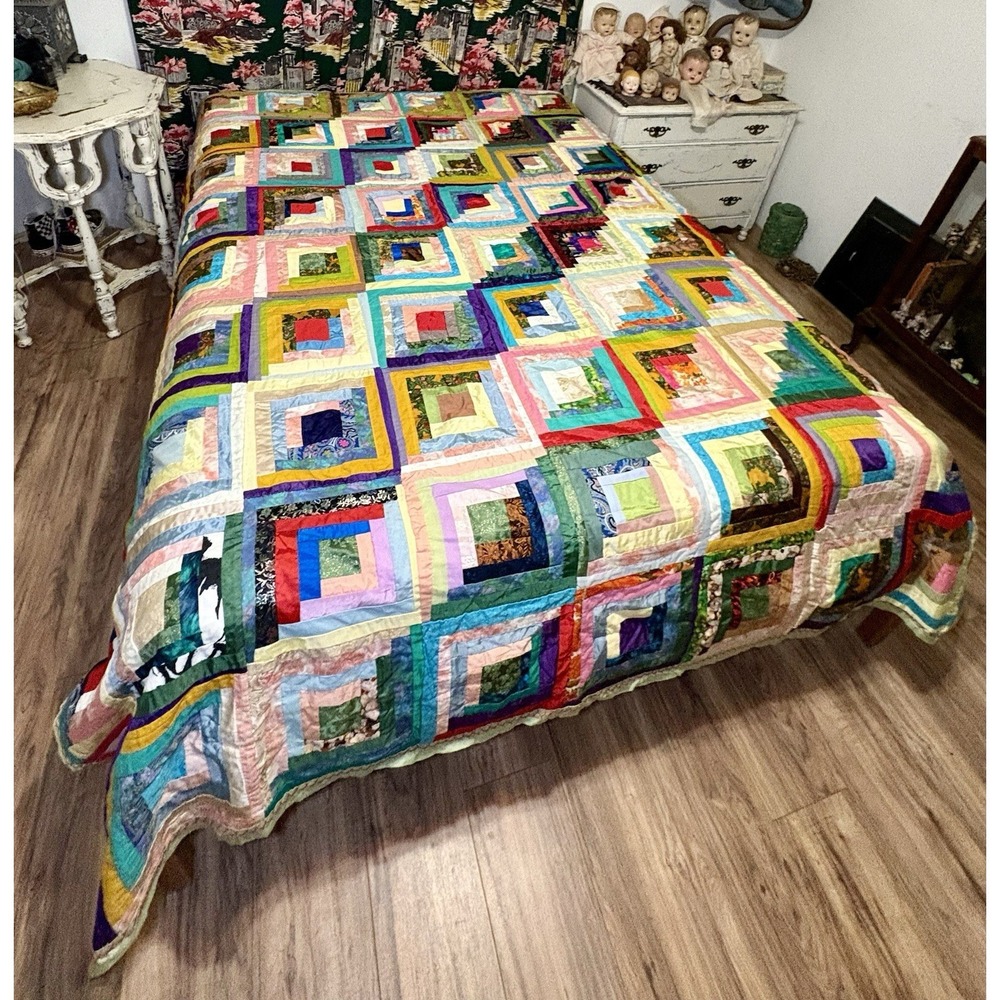 Stunning Vintage Log Cabin Quilt Silk Cotton Rayon Prints Solids Handmade Boho